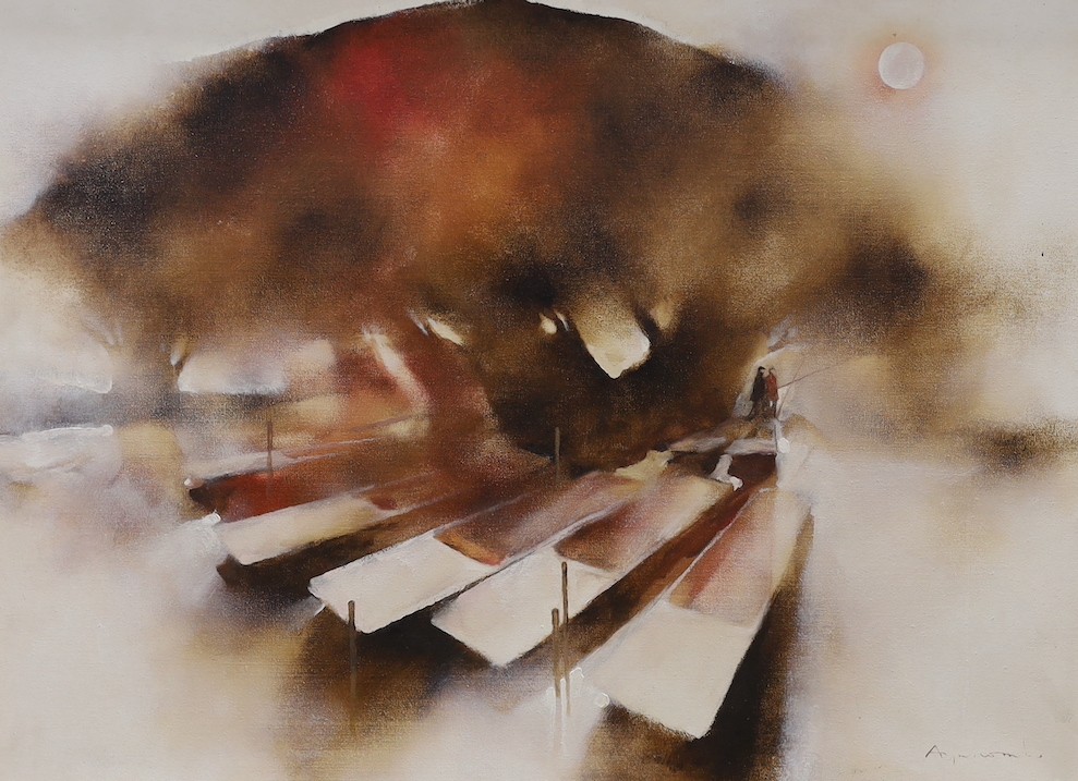 Martin Aynscomb Harris (b.1937-), oil on canvas, Punts on a river, signed, 74 x 100cm